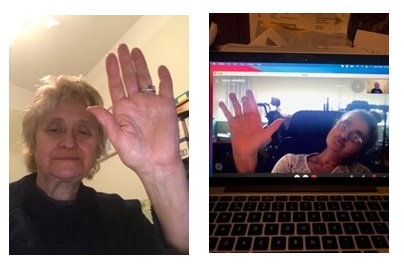 Jane and her sister Mary Kaye, waving to each other over a video call