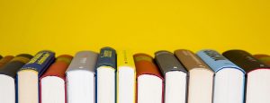 Image shows a row of books on a yellow background