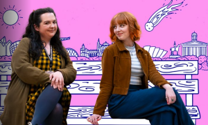 Nina and her sister sit side by side on a cartoon bench