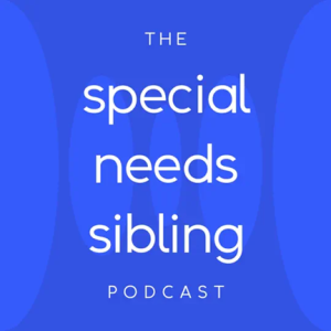 Logo for 'The Special Needs Sibling Podcast' with the title in white text on a bright blue background with abstract oval shapes