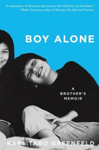 Book cover with a blue background featuring a black-and-white photograph of two children. One child is smiling and leaning against the other, who is partially visible. A quote from Walter Isaacson at the top reads, “A masterpiece of literature and memory that will leave you breathless.”