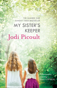 "The cover of the book My Sister's Keeper by Jodi Picoult. It shows a bright, sunlit forest with two people walking away hand in hand—one in a white dress with long hair, the other in a white top and purple skirt. The text includes: 'THE NUMBER ONE SUNDAY TIMES BESTSELLER MY SISTER'S KEEPER Jodi Picoult' and a quote: 'Emotionally riveting' DAILY EXPRESS."