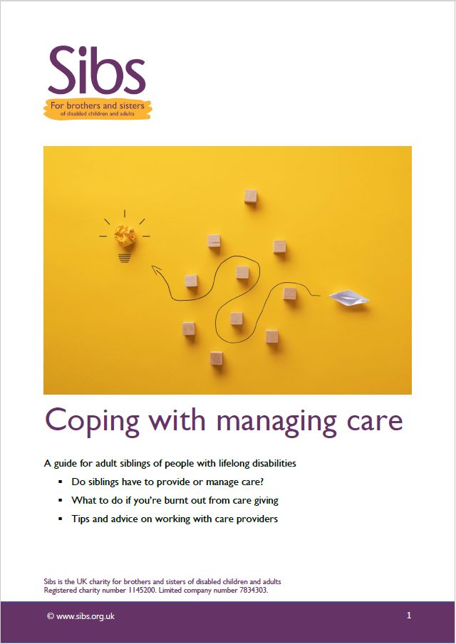 Front cover of Sibs coping with managing care guide. Photo a paper boat weaving through wooden blocks, on a yellow background.