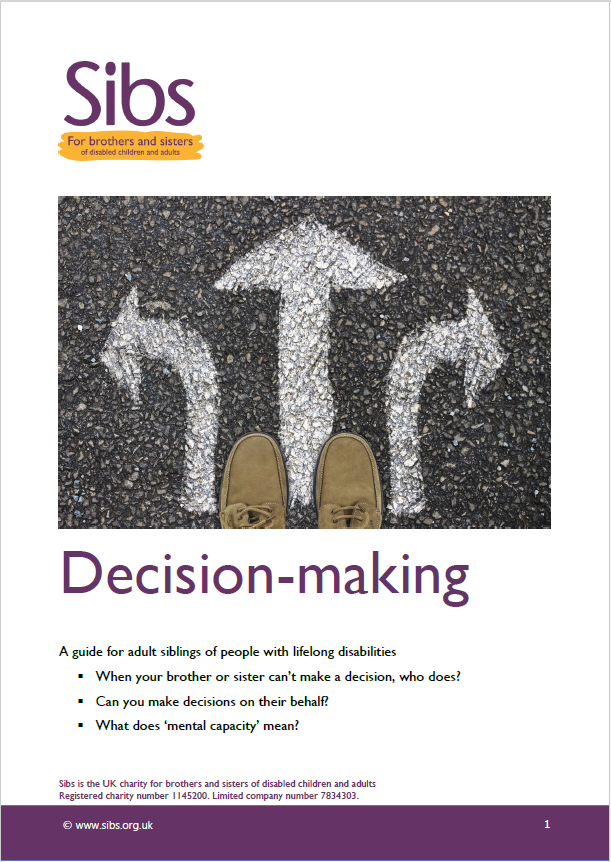 Front cover of Sibs decision-making guide. Photo shows a pair of shoes and three arrows painted on the floor. 