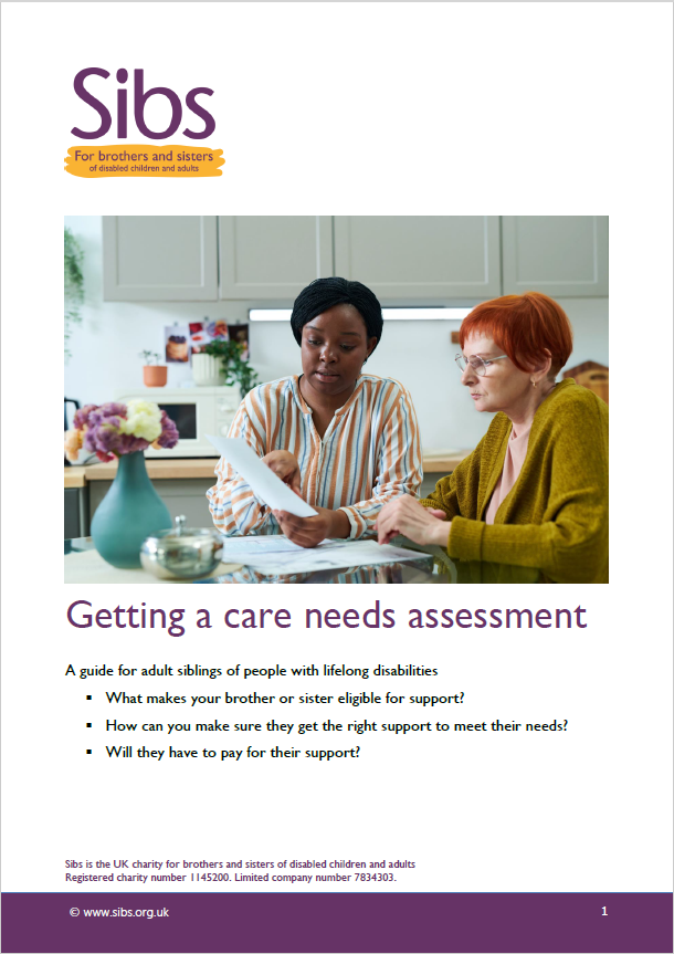 Front cover of Sibs getting a care needs assessment guide. Photo shows two people sat at a table discussing a document.