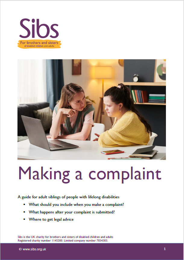 Front cover of Sibs making a complaint guide. Photo shows two women looking at a laptop screen and talking.