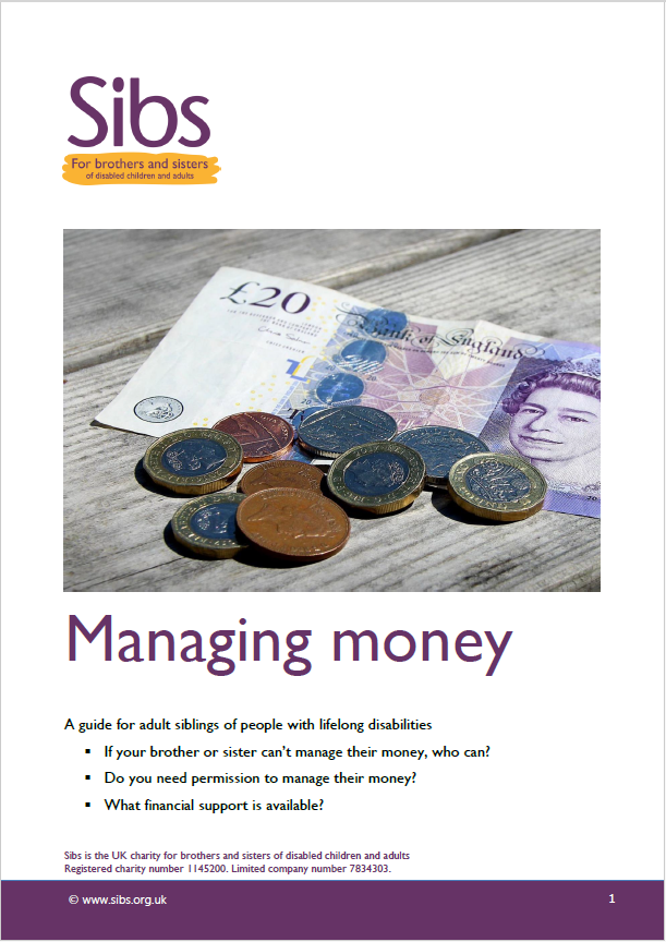 Front cover of Sibs managing money guide. Photo shows a £20 note and coins.