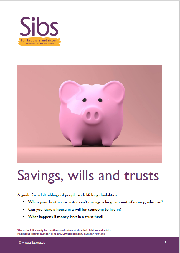 Front cover of Sibs savings, wills and trusts guide. Photo shows a pink piggy bank.