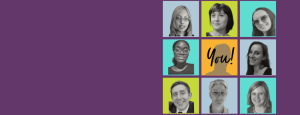 Headshots of people who volunteer for Sibs on a dark purple background