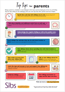Colourful page with top tips for parents on supporting siblings of disabled children
