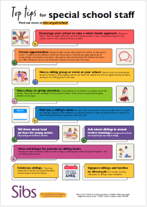 Colourful page with top tips for special school staff on supporting siblings of disabled children