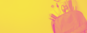 School backpack with contents spilling out, under a yellow and pink filter
