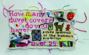Needlework by Emily Robbins. Flat white panel with pink text that reads "How many duvet covers do you have?" "Over 25" with pictures of a washing machine, dog, strawberry and more. Black text on a yellow background reads: "Kind jealous of the banana medicine"