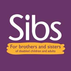 Purple background. White text reads 'Sibs'. Yellow scribble with purple text reads 'for brothers and sisters of disabled children and adults'