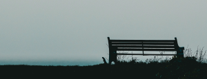 Silhouette of a bench across a grey sky