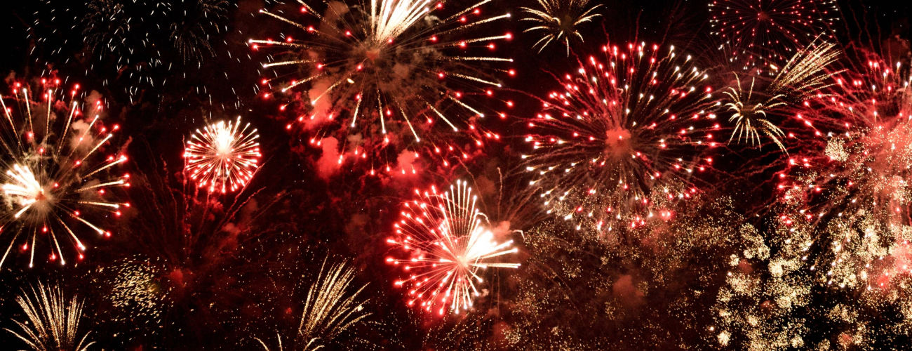 A cluster of fireworks explode against the night sky
