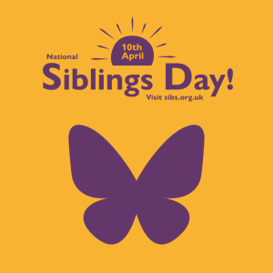 Yellow background. Purple text reads 10th April National Siblings Day sibs.org.uk Purple Bluesky logo