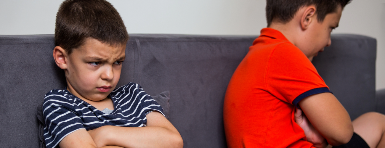 Two boys sit on a sofa with their arms crossed, their backs turned towards each other
