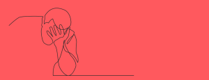 Simple line drawing of a person with their head in their hand, against a red background