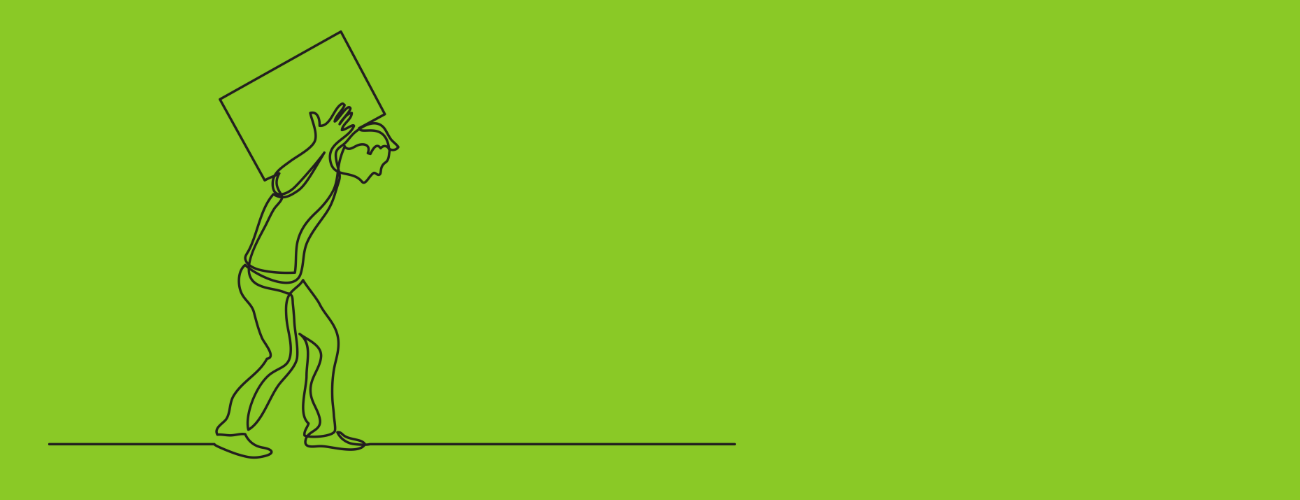 Simple line drawing of a person carrying a large box on their shoulders, against a green background