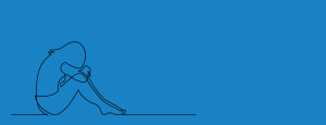 Simple line drawing of a person with their head down and their knees to their chest, against a blue background