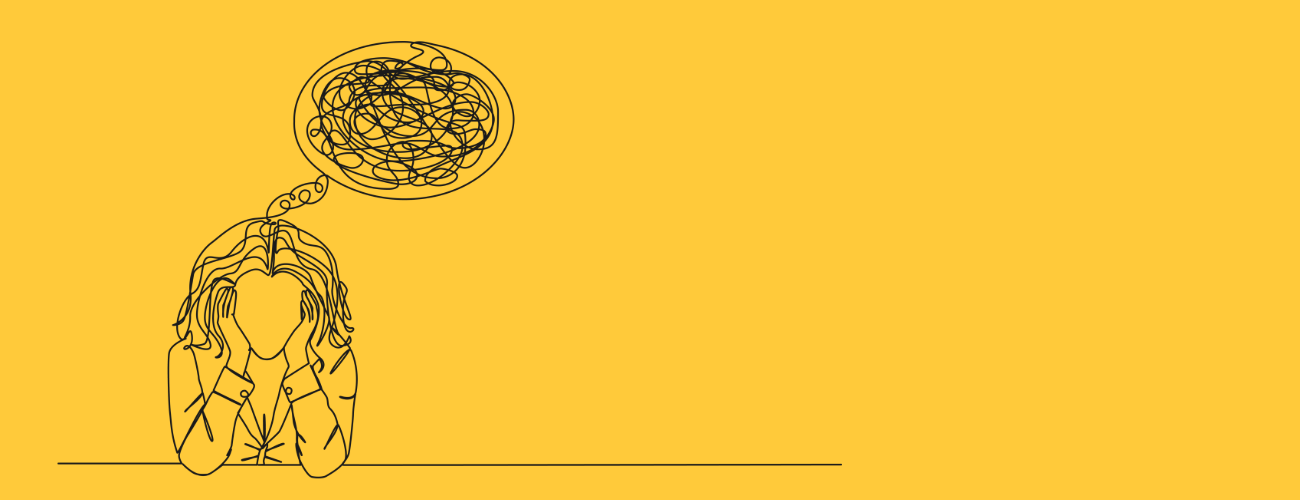 Simple line drawing of a person with their hands to their temples, with a scribble inside a cloud thought bubble above their head, against a yellow background