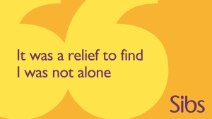 Yellow background with large quotations marks. Purple text reads: It was a relief to find I was not alone