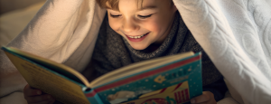 Child reading a book by torchlight under a cover