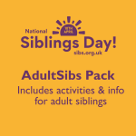 Yellow background, Purple text 'adult sibs pack'