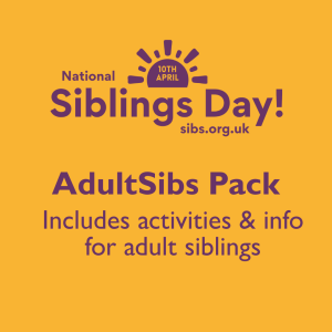 Yellow background, Purple text 'adult sibs pack'