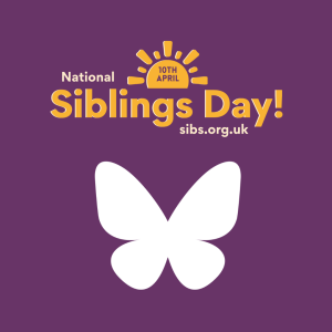 Purple background, white Blue Sky Logo, yellow text 'Siblings Day'