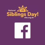 Purple background, white Facebook Logo, yellow text 'Siblings Day'