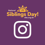 Purple background, white Instagram logo, yellow text 'Siblings Day'