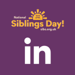 Purple background, white LinkedIn Logo, yellow text 'Siblings Day'