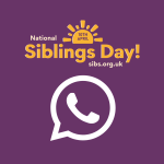 Purple background, white WhatsApp Logo, yellow text 'Siblings Day'