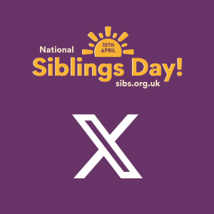 Purple background, white X Logo, yellow text 'Siblings Day'
