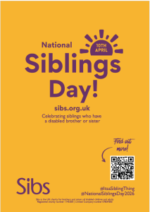 Yellow background, purple text 'siblings day'