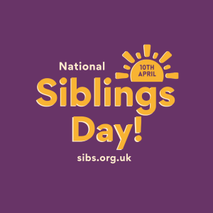 Purple background yellow text 'national siblings day'