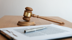Wooden judge’s gavel on a desk beside a legal document and pen.