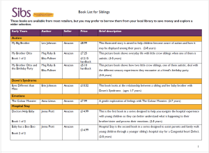 Screenshot of the first page of the young sibs book list. Black and white text with yellow and purple accents